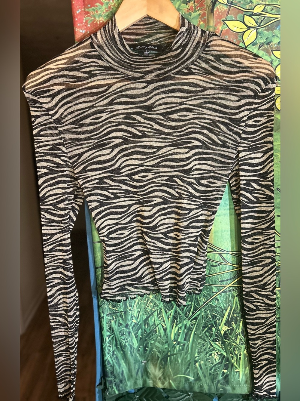 Emory Park Black & Tan Zebra-Print Long Sleeve Sheer Mock Neck Pull-Over Top